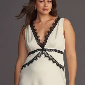 Anthropologie Lace-Trim V-Neck Satin White and Black Slip Dress Size Plus 3x (E)